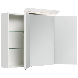 Posseik Spiegelschrank 100 cm, weiß hochglanz, mit LED-Lampe und Glasböden.