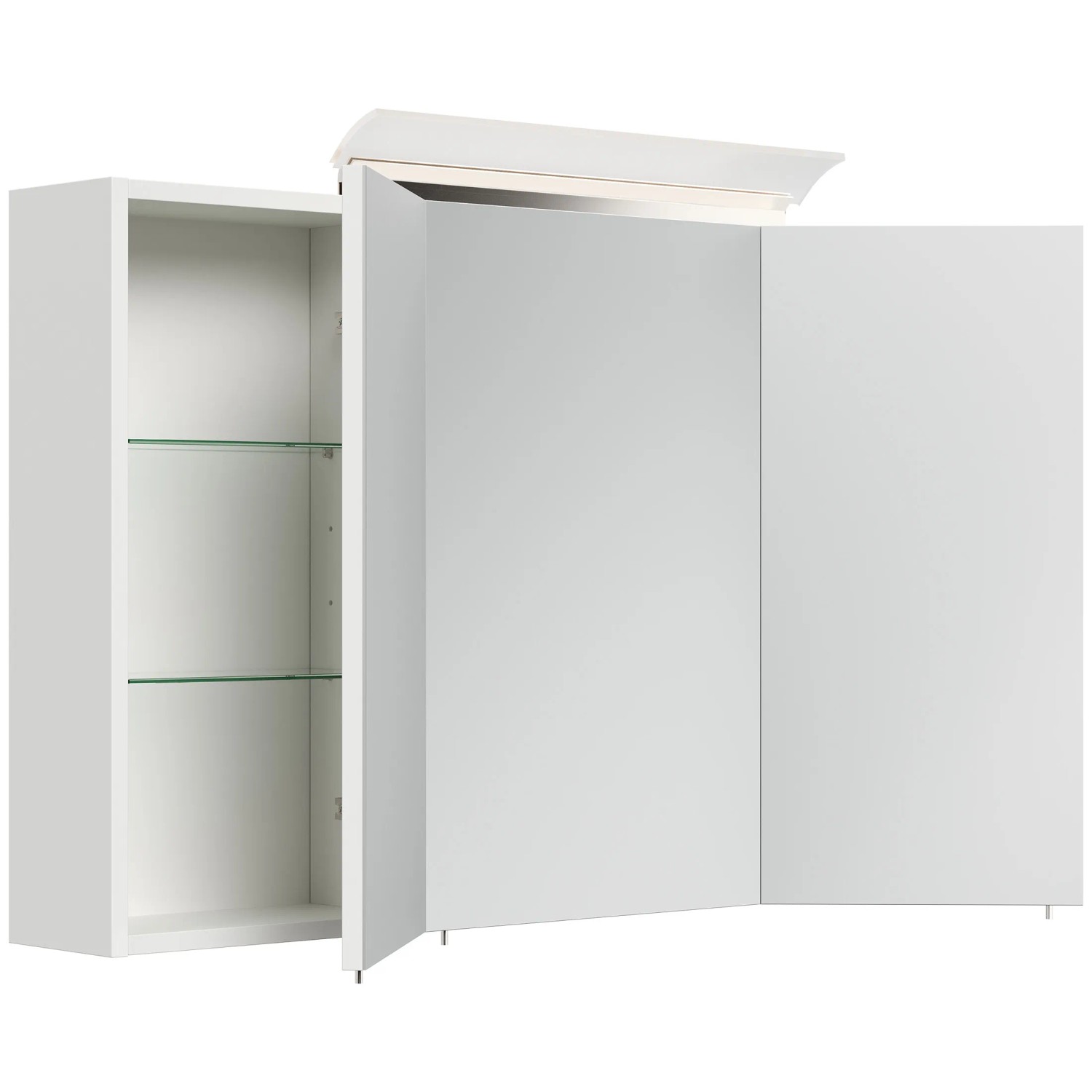 Posseik Spiegelschrank 100 cm, weiß hochglanz, mit LED-Lampe und Glasböden.