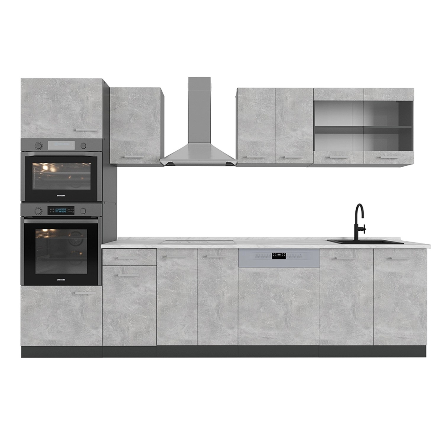 Vicco R-Line Küchenzeile Beton/Anthrazit 300 cm mit HochschrankAP Marmor günstig online kaufen