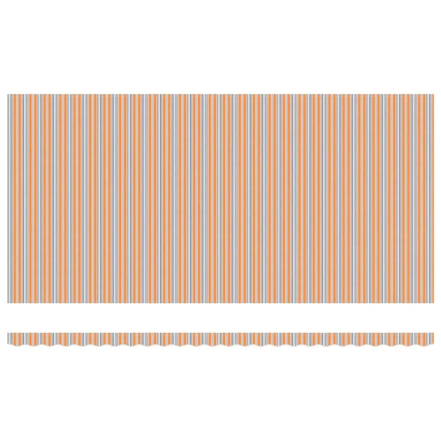Gestreifter Markisenstoff in Orange und Grau mit Wellenkante für einziehbare Markisen.