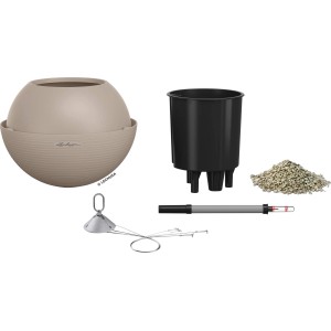 Lechuza Bola Color 32 Hängeampel, sandbraun, mit Zubehör wie Einsatz, Bewässerungsanzeige und Aufhängung.