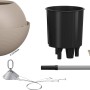 Lechuza Bola Color 32 Hängeampel, sandbraun, mit Zubehör wie Einsatz, Bewässerungsanzeige und Aufhängung.
