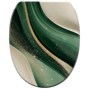 SANILO WC-Sitz Flow mit Absenkautomatik, grünes Marmor-Design mit goldenen Akzenten.