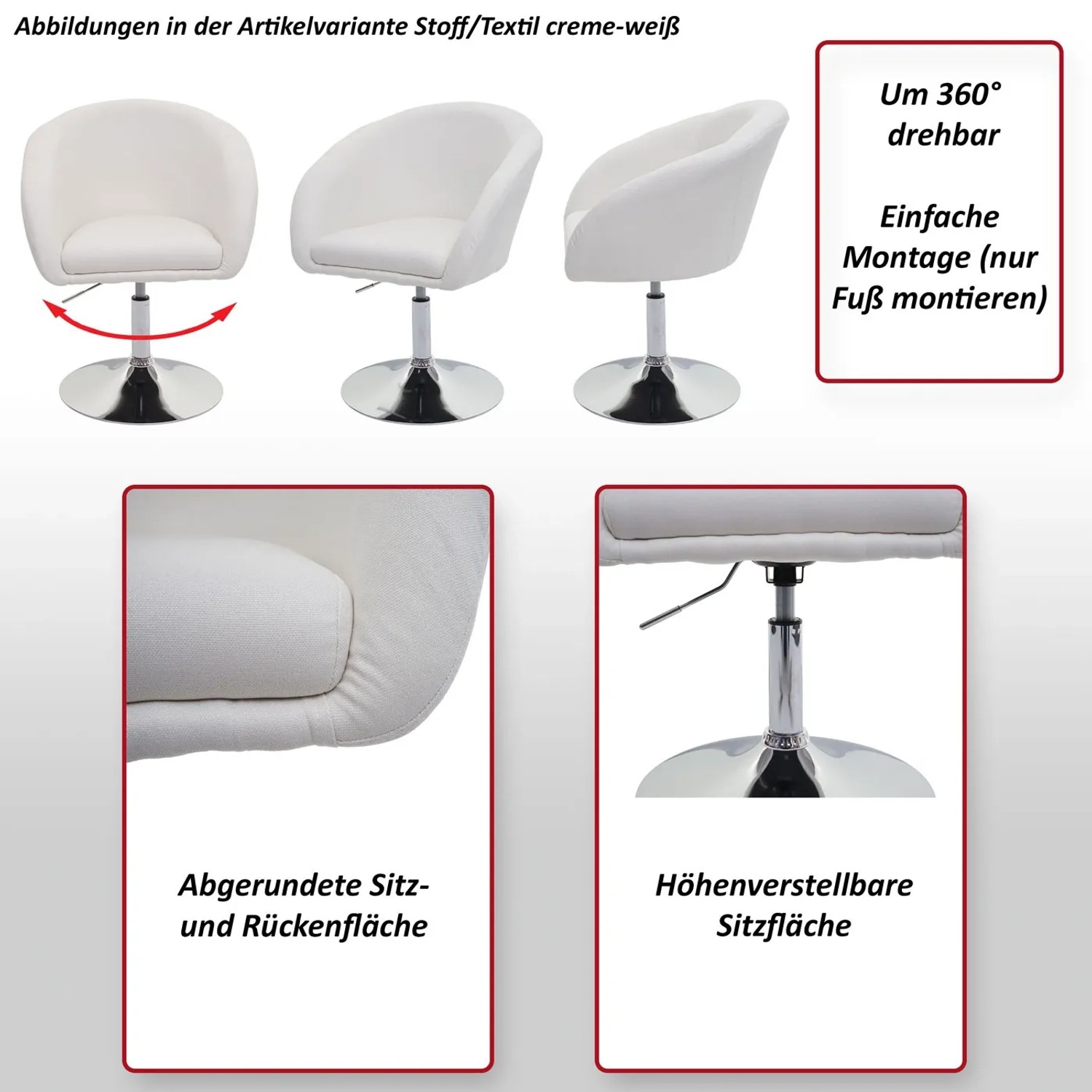 Weißer, drehbarer MCW Esszimmerstuhl F19 mit Kunstlederbezug und verchromtem Fuß.