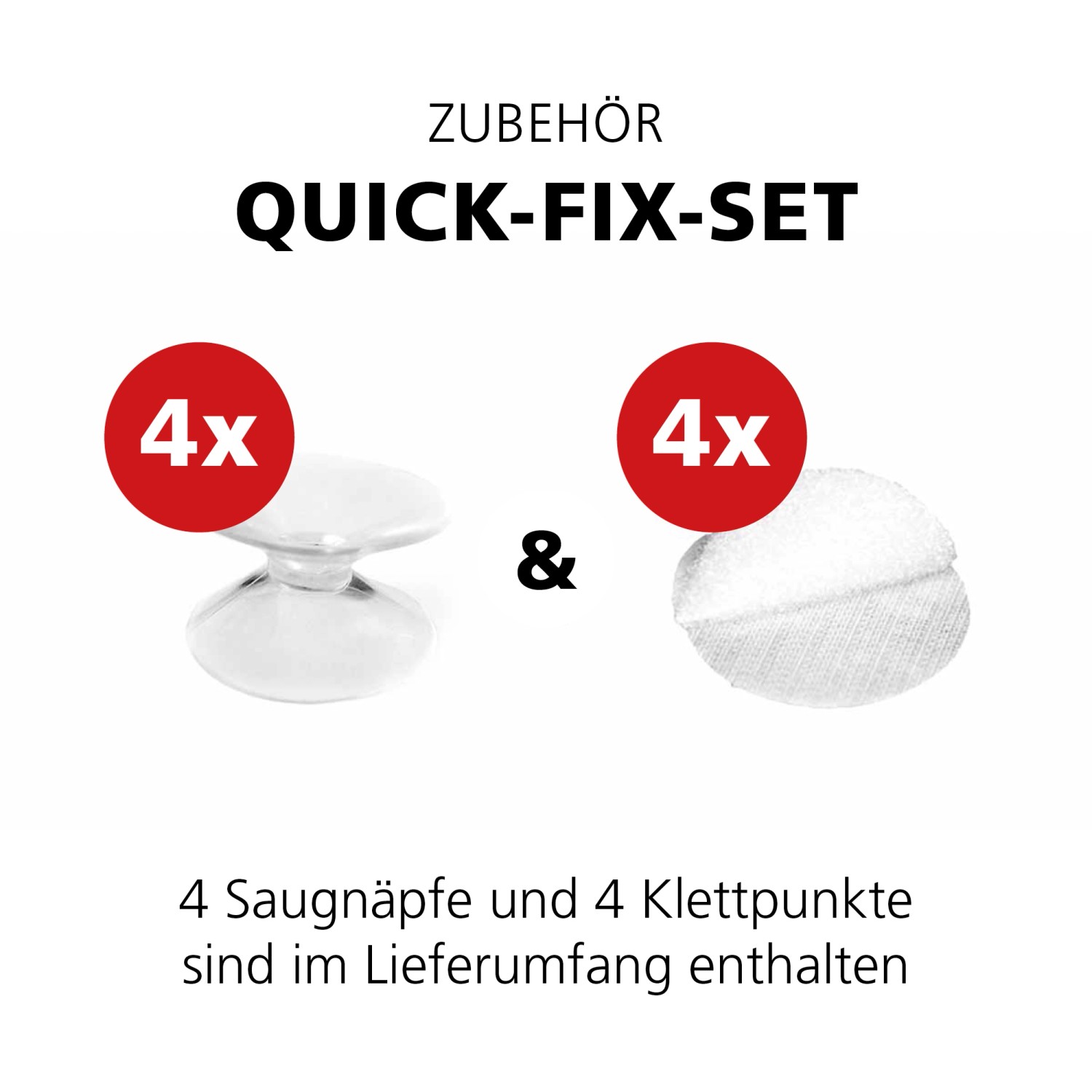 Myspotti Quick-Fix-Set: 4 Saugnäpfe und 4 Klettpunkte zur Montage der Küchenrückwand.