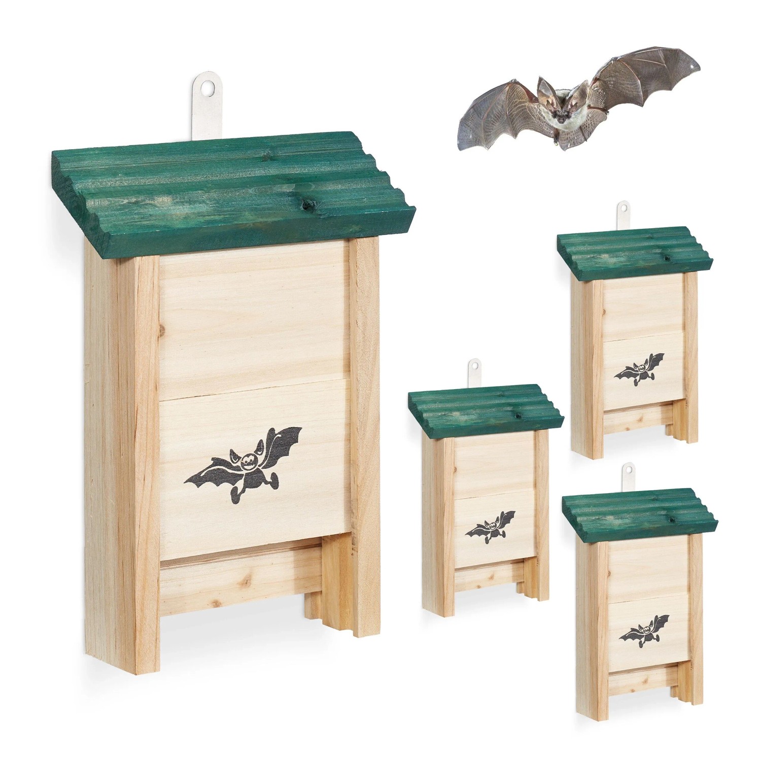 Relaxdays Fledermauskasten Tannenholz Metall Grün 4er Set 25 cm x 18 cm x 6 cm je 320 g