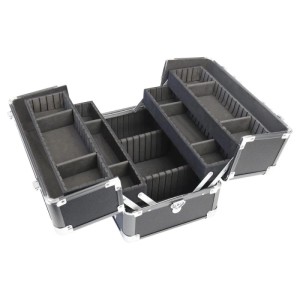 Offener schwarzer HMF Alu Transportkoffer mit flexiblen Trennwänden. Vielseitiger Werkzeugkoffer für Organisation.