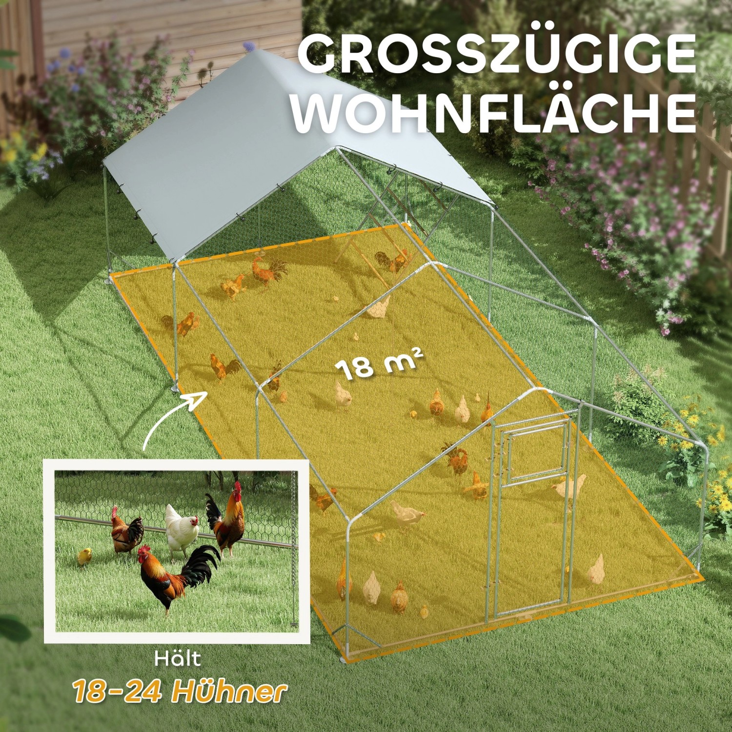 PawHut Hühnerstall mit verzinktem Stahlrahmen und Netz, bietet Platz für 18-24 Hühner.