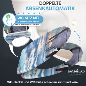 SANILO WC-Sitz Sunset mit doppelter Absenkautomatik. Holz-Toilettensitz mit Himmelsmotiv, Vögeln und Schnellverschluss.