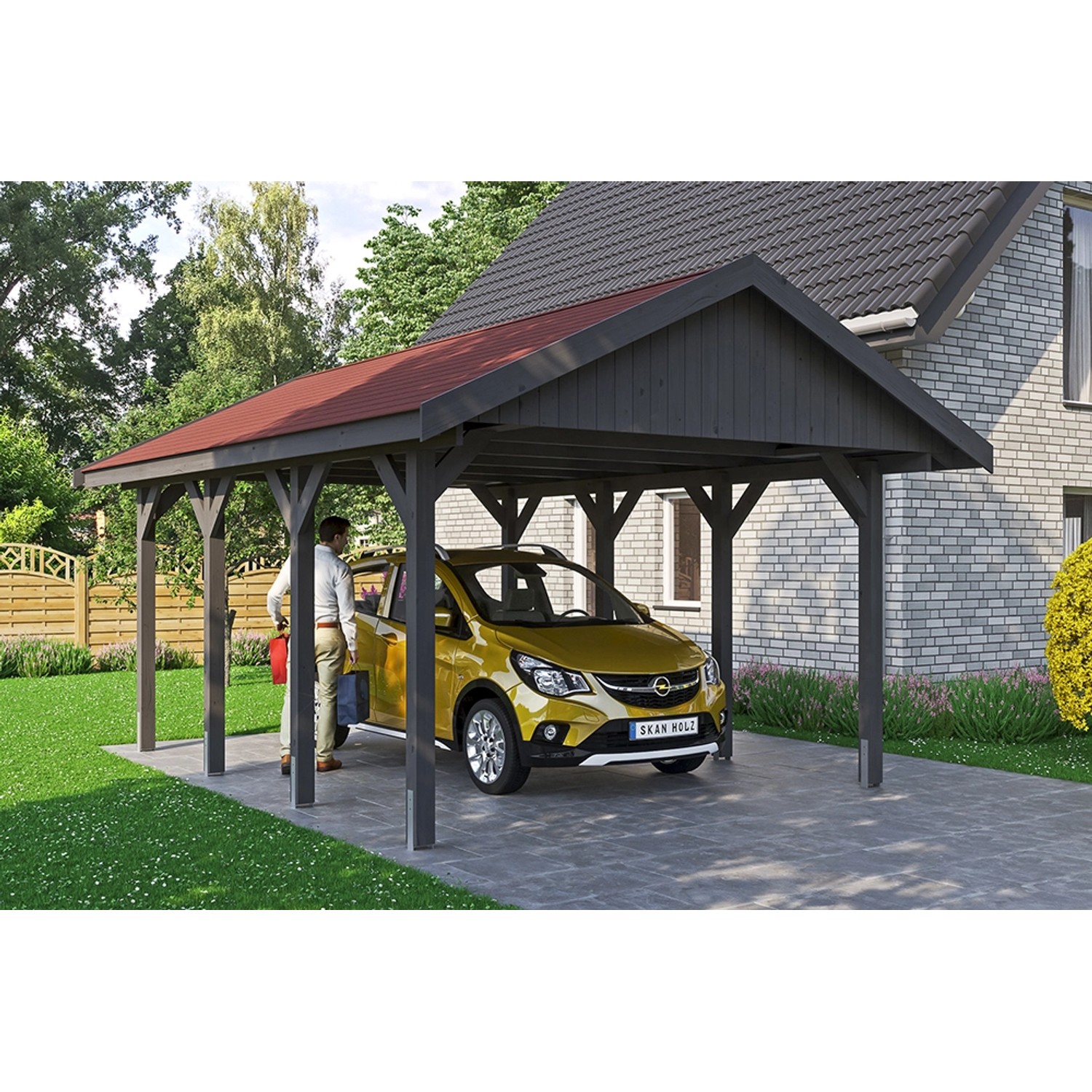 Satteldach-Carport Wallgau Schiefergrau 430 x 600 cm rote Schindeln günstig online kaufen