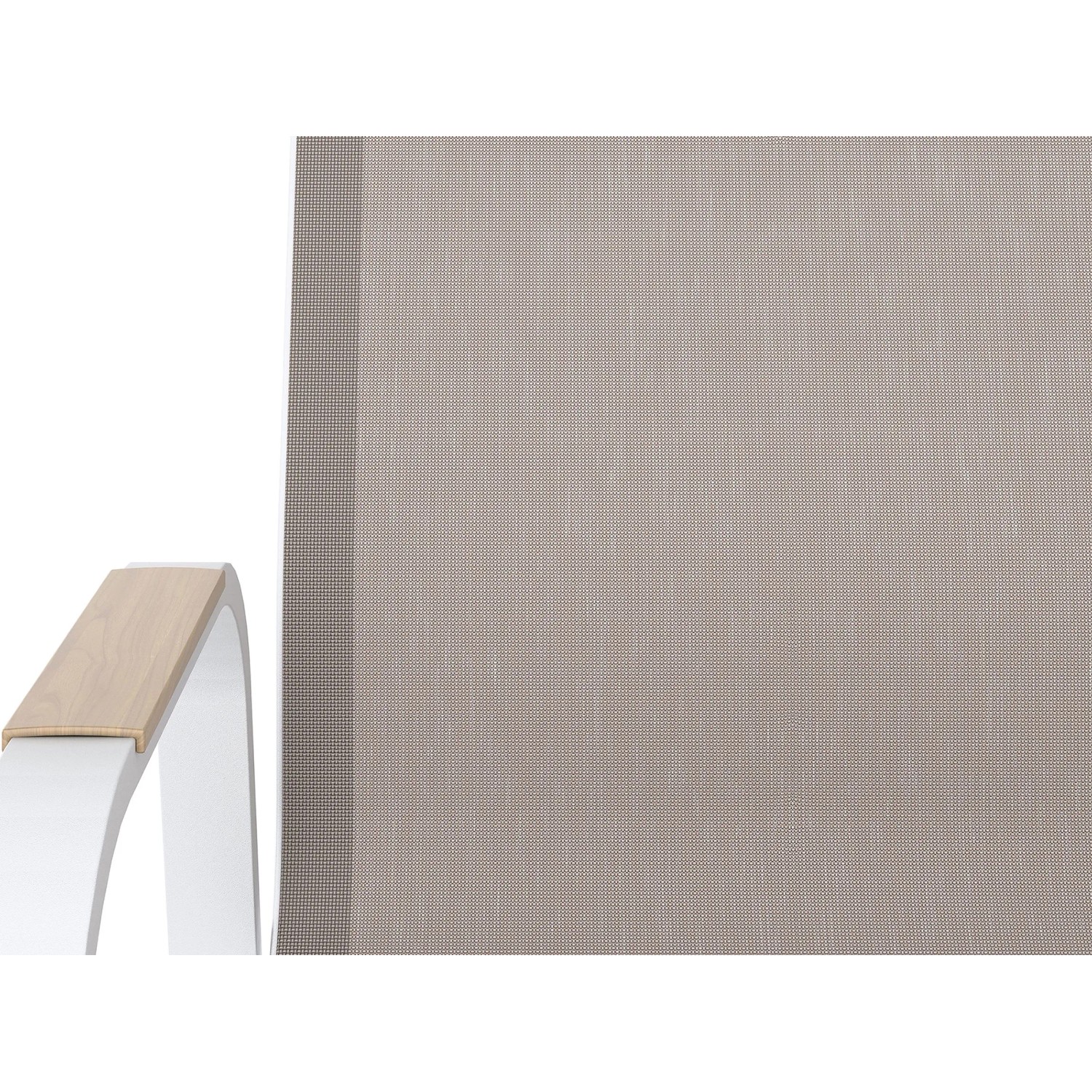 Detailansicht Stuhl der Esstischgruppe Butterfield: Weißes Aluminiumgestell, Textilbespannung Beige, Armlehne Holzoptik.