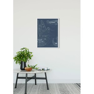 Komar Wandbild Star Wars Falcon, 50x70 cm, technische Zeichnung in Blau, ohne Rahmen.