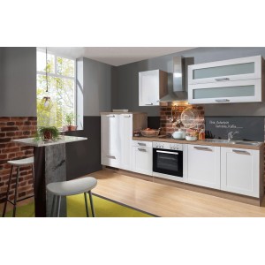 Menke Küchenzeile Artisan Premium 310 cm im Landhausstil, weiß/Eiche-Optik, mit E-Geräten.