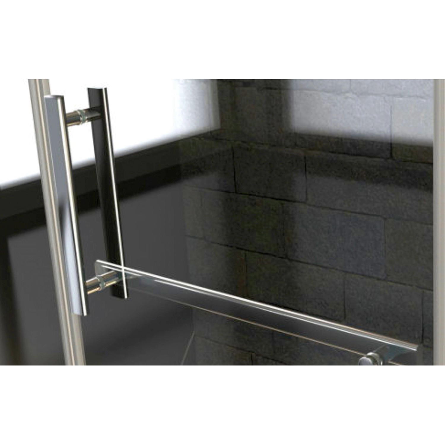 Detailaufnahme einer Duschkabine mit Griff und Handtuchhalter aus Chrom vor dunkler Steinwand.