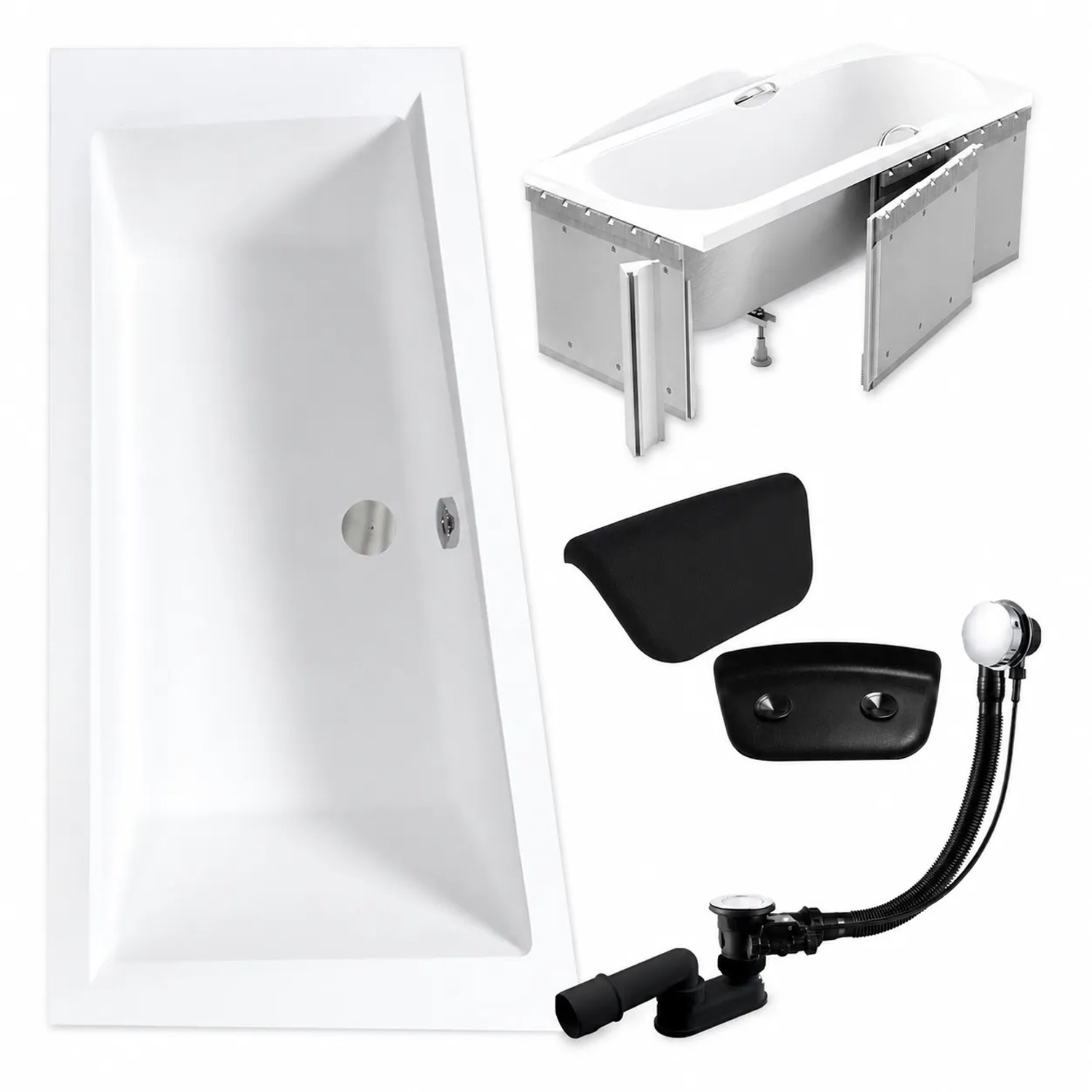 KOLMAN Badewanne Eckwanne Links 150 x 85 Cm Mit Styroporverkleidung Mit 2 Kopfstützen KODI Inkl. Ablauf Und Füße