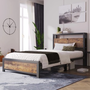 Merax Metallbett 90x200cm in Schwarz mit Stauraum-Kopfteil und Holzdekor. Rustikales Design für Ihr Schlafzimmer.