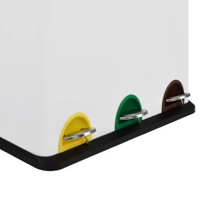 Weißer Svita Mülleimer TC3X20 mit 3 Fächern (je 20L) und farbigen Tretpedalen zur Mülltrennung.