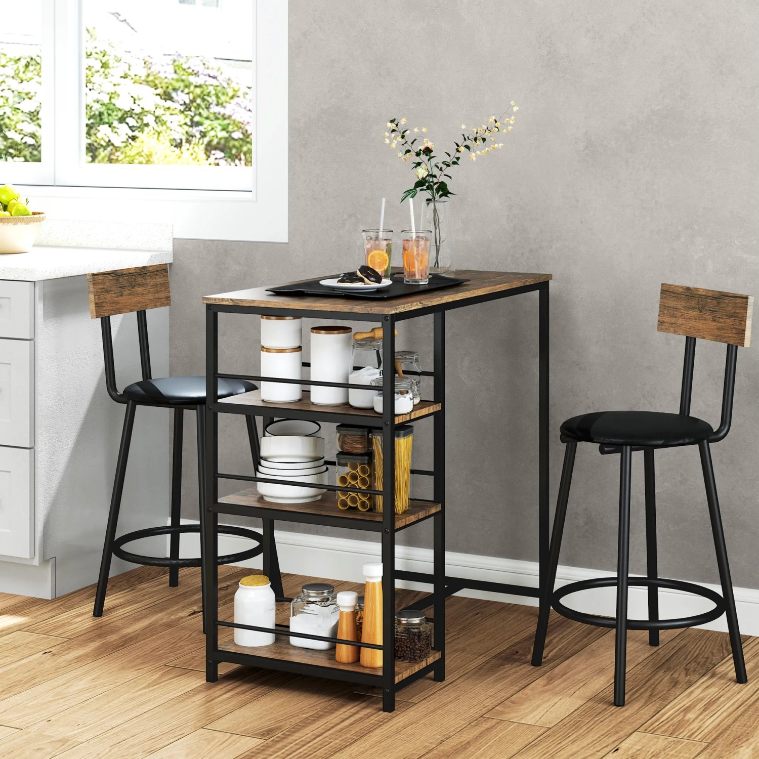 HOMCOM Bartisch Set, 3-teilig, Eichefarben mit Barhockern und Stahlgestell.