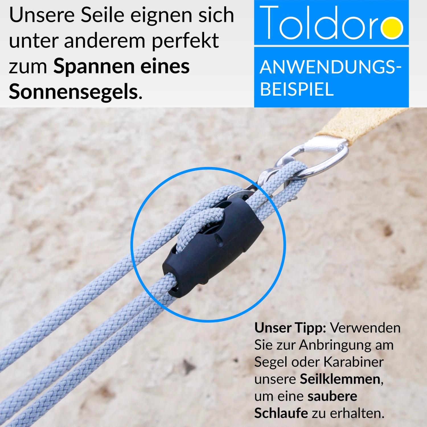 Graues Toldoro Tauwerk 6mm mit Seilklemme zur Sonnensegel-Befestigung.