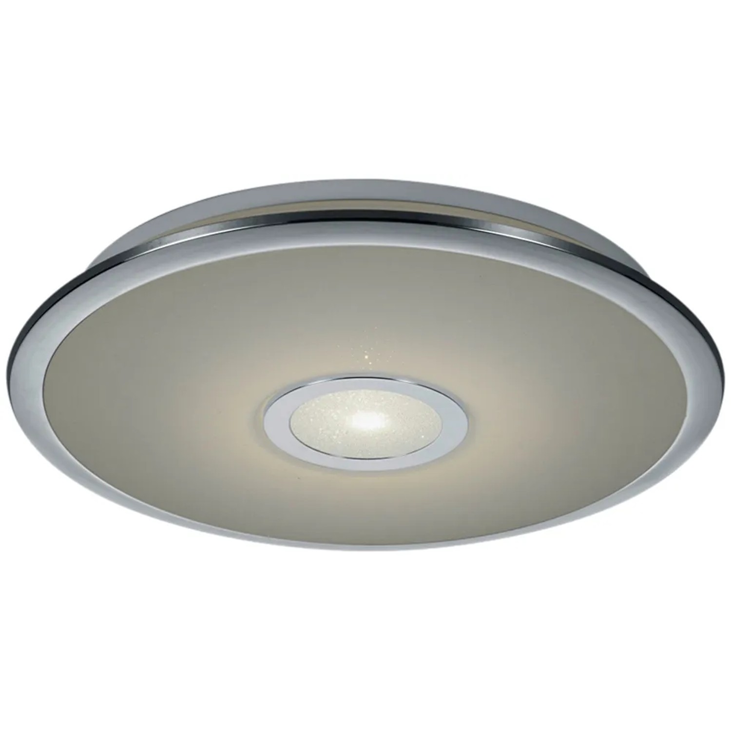 Runde LED-Deckenleuchte Osaka mit Sternenhimmel-Effekt, Chrom und Weiß, 42 cm Durchmesser.