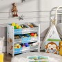 Weißes Songmics Kinderzimmerregal mit 9 Boxen in Blau und Grau, gefüllt mit Spielzeug.