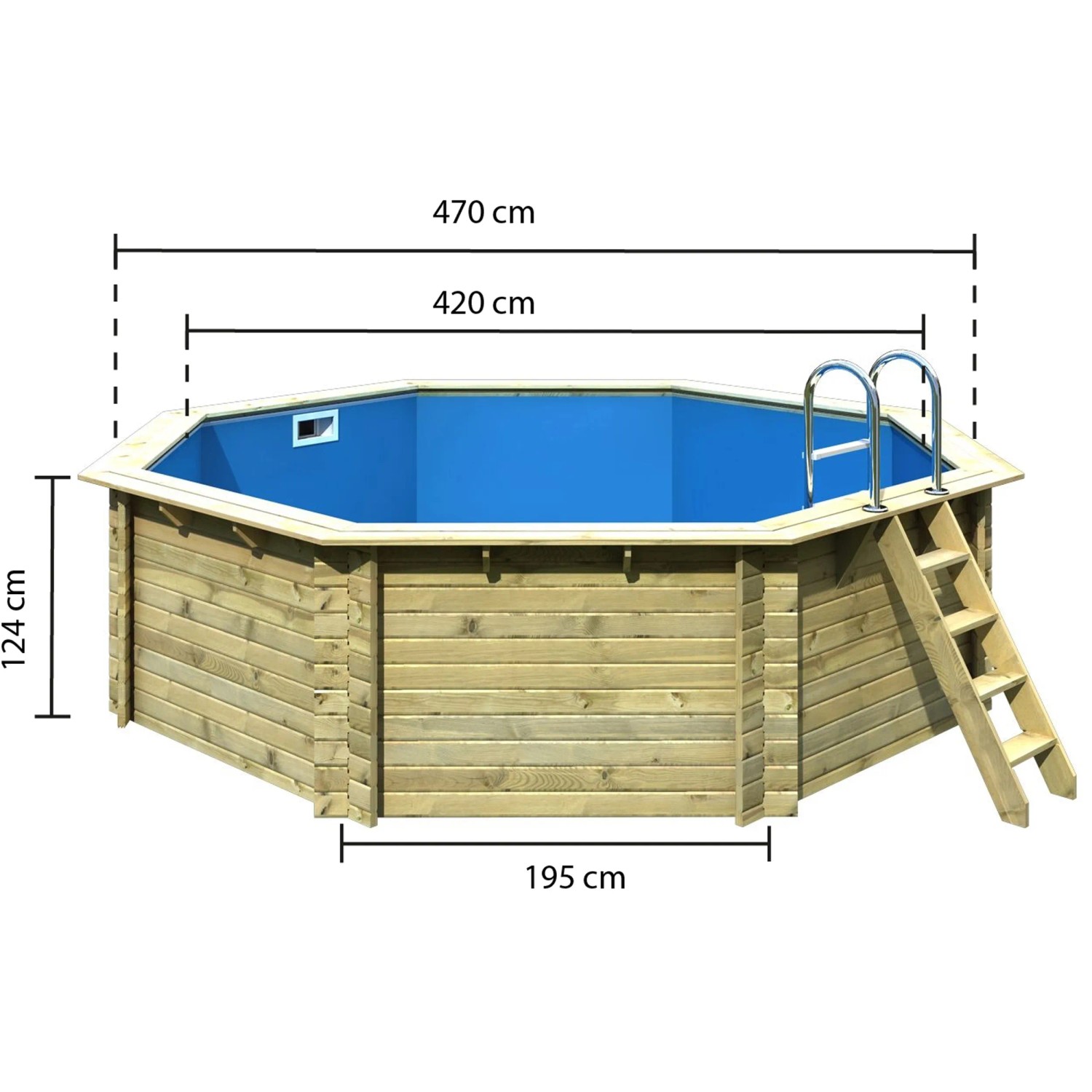 Karibu Holzpool Set mit Leiter und Filteranlage, Außenansicht mit Maßangaben.