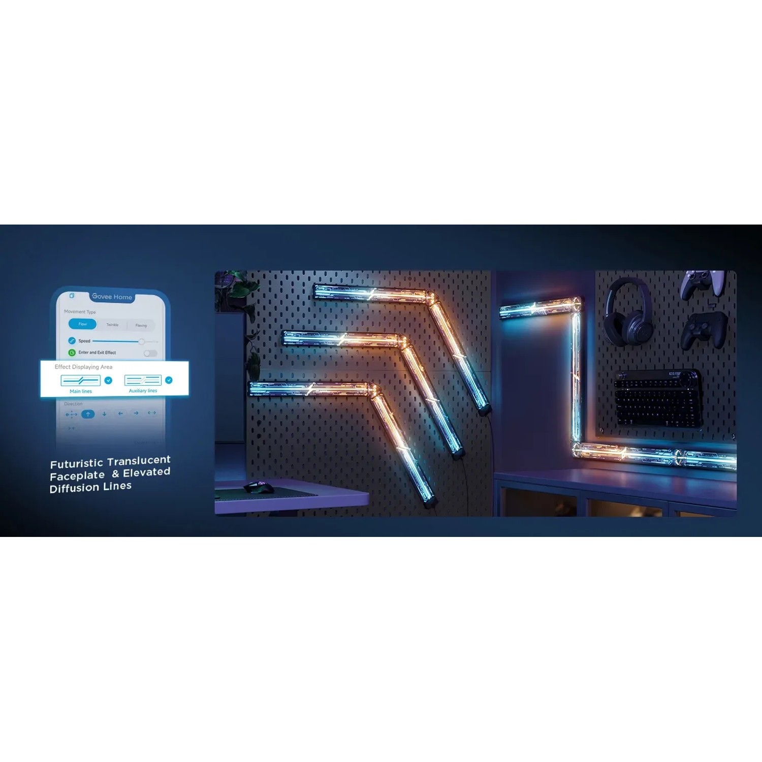 Govee Gaming-Wandleuchten 4+1 H6063 in verschiedenen Anordnungen und Farben an der Wand.