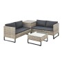 Graue Polyrattan Lounge Santorini: Gartenmöbel-Set mit Couchtisch, Auflagenbox und Sitzpolstern.