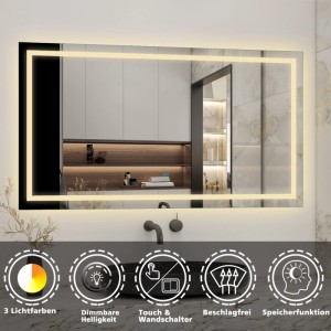Aica Sanitär Badspiegel 140x80 cm mit LED-Beleuchtung, dimmbar und drei Lichtfarben.