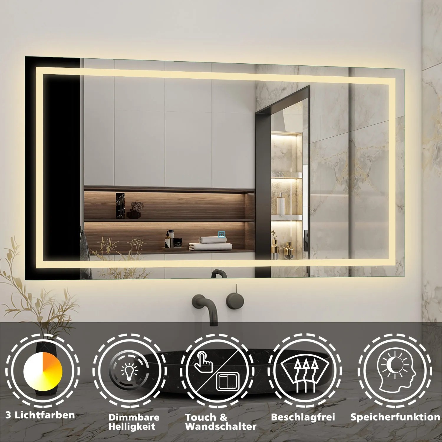 Aica Sanitär Badspiegel 140x80 cm mit LED-Beleuchtung, dimmbar und drei Lichtfarben.