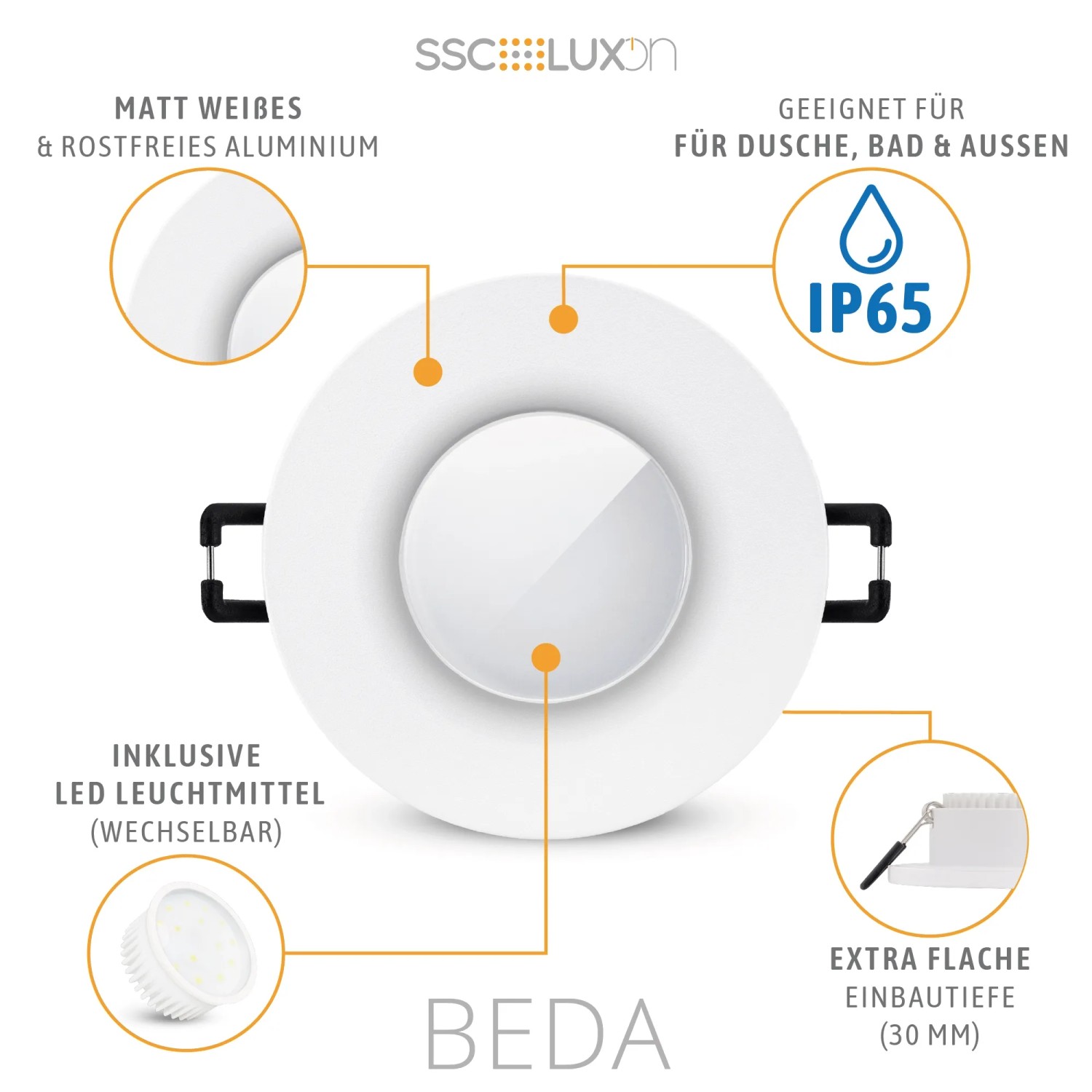 Weißer, runder SSC-LUXon BEDA LED Einbaustrahler für Bad und Außen, IP65, 4W Warmweiß.