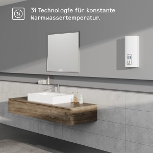 Stiebel Eltron Durchlauferhitzer DEL Plus im modernen Bad mit Waschbecken und Spiegel.