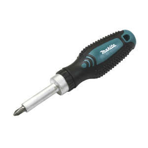 Makita Ratschenschraubendreher D-58833 mit schwarzem, rutschfestem Griff, teal Akzenten und PH-Bit. Magnetische 6mm Sechskant-Aufnahme.