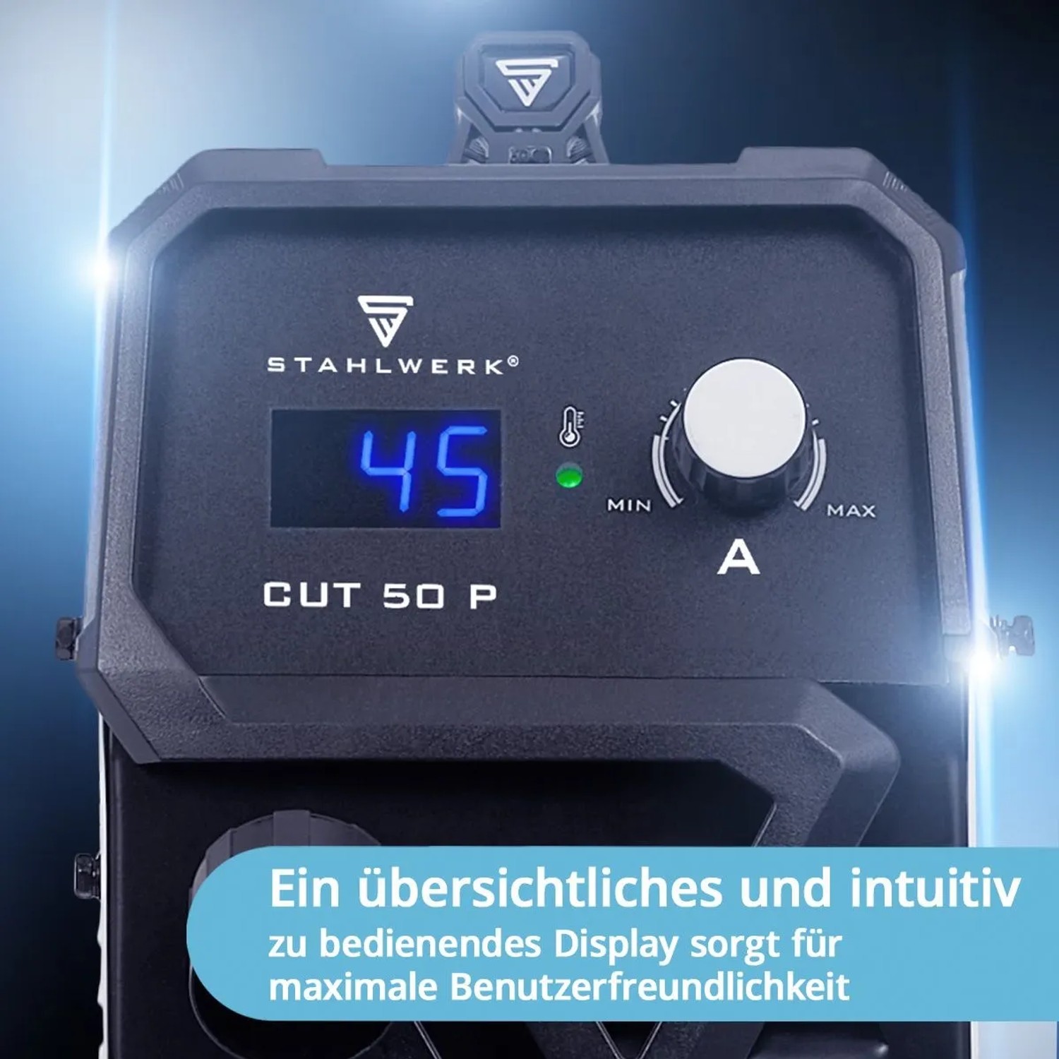STAHLWERK Plasmaschneider CUT 50 P, 45 Ampere, Detailaufnahme von Display und Regler.