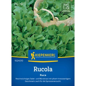 Kiepenkerl Rucola "Ruca" Samenpackung mit frischer Rucola im Hintergrund.