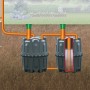 Garantia Herkules Abwasser-Sammelgrube 3200 l, schwarzer Erdtank mit Rohranschluss und Querschnitt.