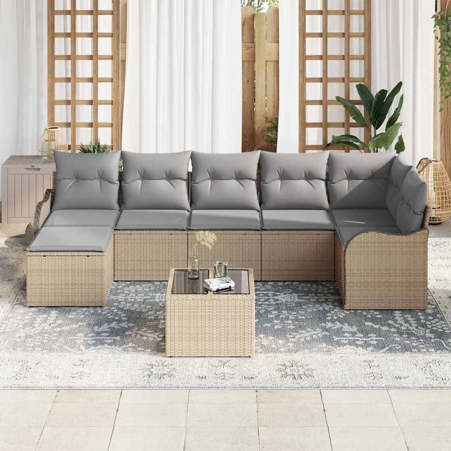 Beiges 8-teiliges vidaXL Garten-Sofa-Set aus Poly Rattan mit Kissen und Tisch.