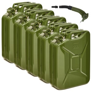 5 olivgrüne 20L BW Kraftstoffkanister aus Metall mit Ausgießer, TÜV-geprüft, für Pannenhilfe.