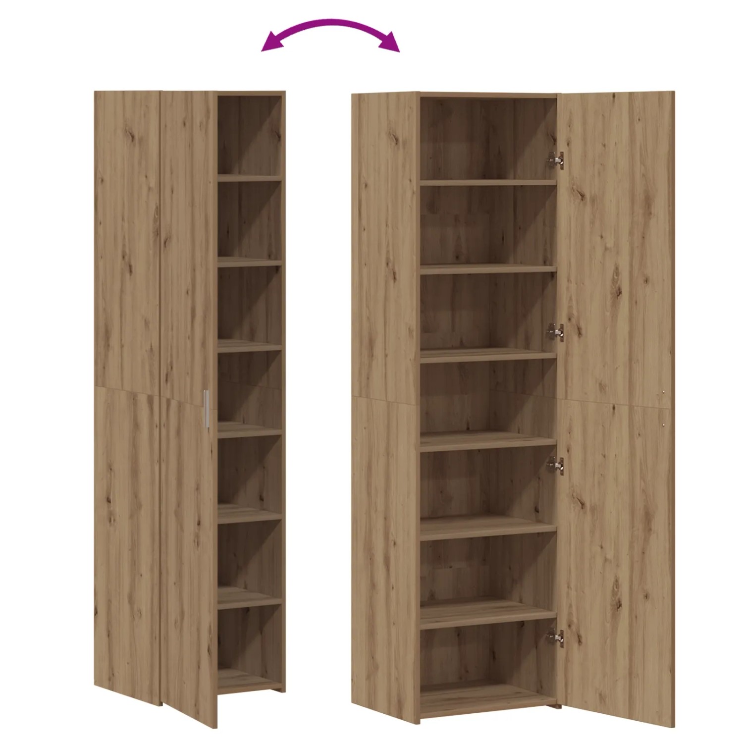 Zwei vidaXL Highboards Artisan-Eiche für Wohnzimmer: eines mit geschlossener Tür, offenen Fächern, das andere mit offener Tür, Regalböden.