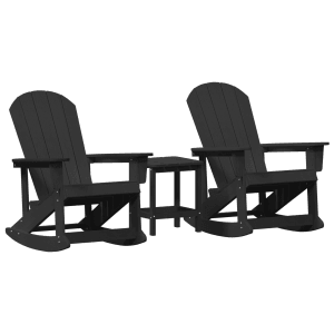 Schwarzes 3-teiliges Garten Lounge Set mit Schaukelstühlen und Tisch aus HDPE.