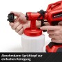 Einhell Akku-Farbsprühsystem: Abnehmbarer Sprühkopf zur Reinigung. Rotes Gehäuse, weißer Behälter.