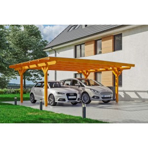 Skan Holz Carport Odenwald Eiche hell, Doppelcarport mit zwei parkenden Autos.