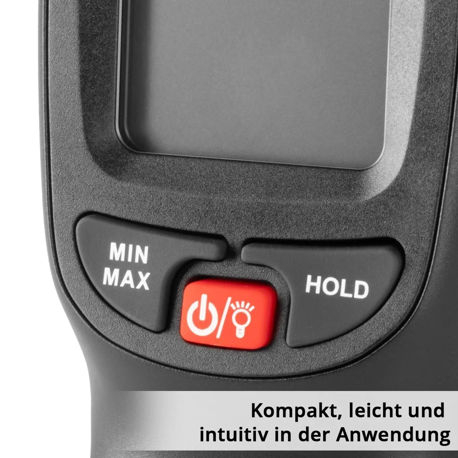 Nahaufnahme des STAHLWERK Digital-Messgeräts. Roter Power-/Licht-Knopf, MIN/MAX- und HOLD-Tasten. Intuitive Bedienung.