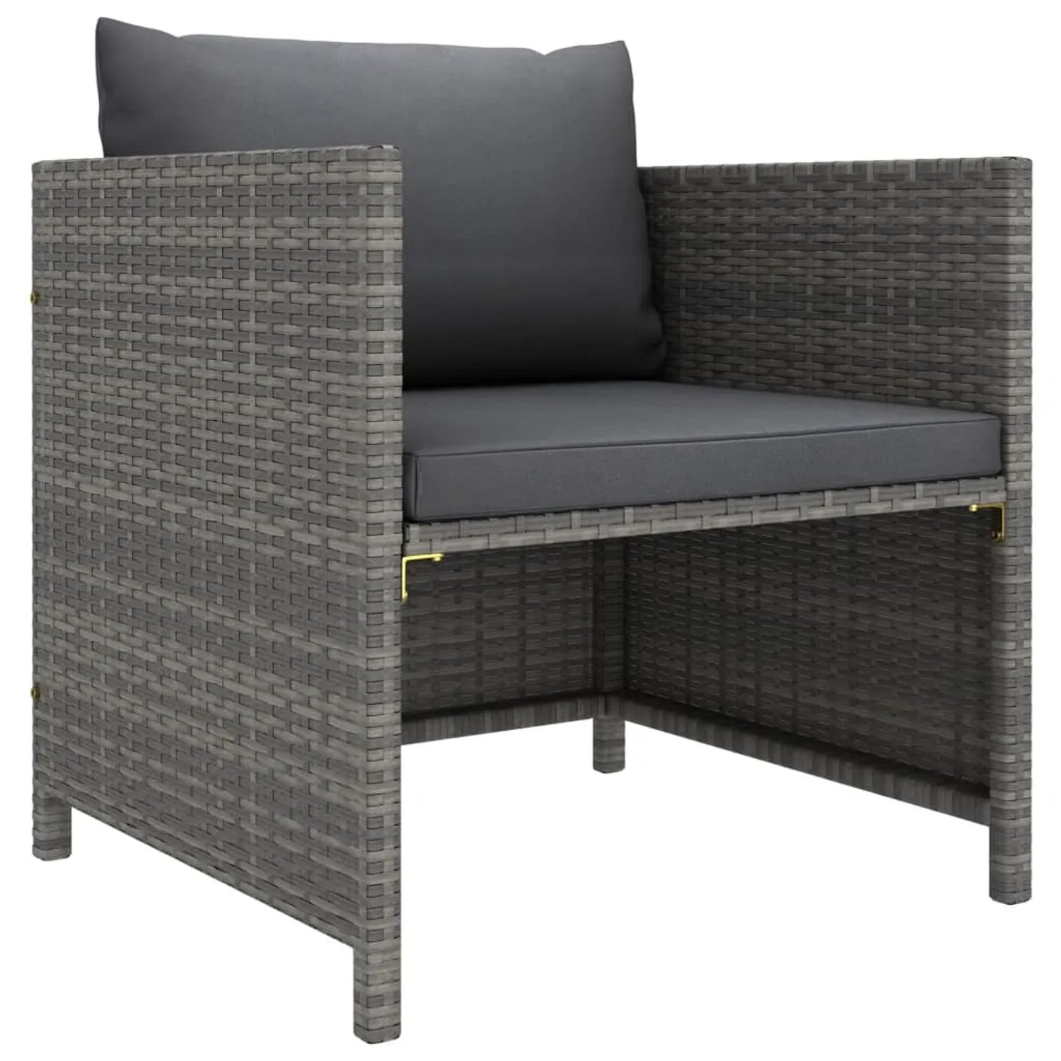 Grauer vidaXL Gartenstuhl aus Rattan mit anthrazitfarbenen Kissen als Teil eines Lounge-Sets.