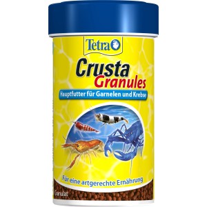 Tetra Crusta Granules 100ml: Hauptfutter für Garnelen und Krebse im gelben Behälter.