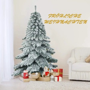 Costway Künstlicher Weihnachtsbaum 180cm mit Schnee, grünen Zweigen, weißem Frost und Geschenken im Wohnzimmer.