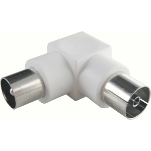 Schwaiger Koax Winkeladapter 90 Grad, weißer Antennenadapter aus Metall und Kunststoff.