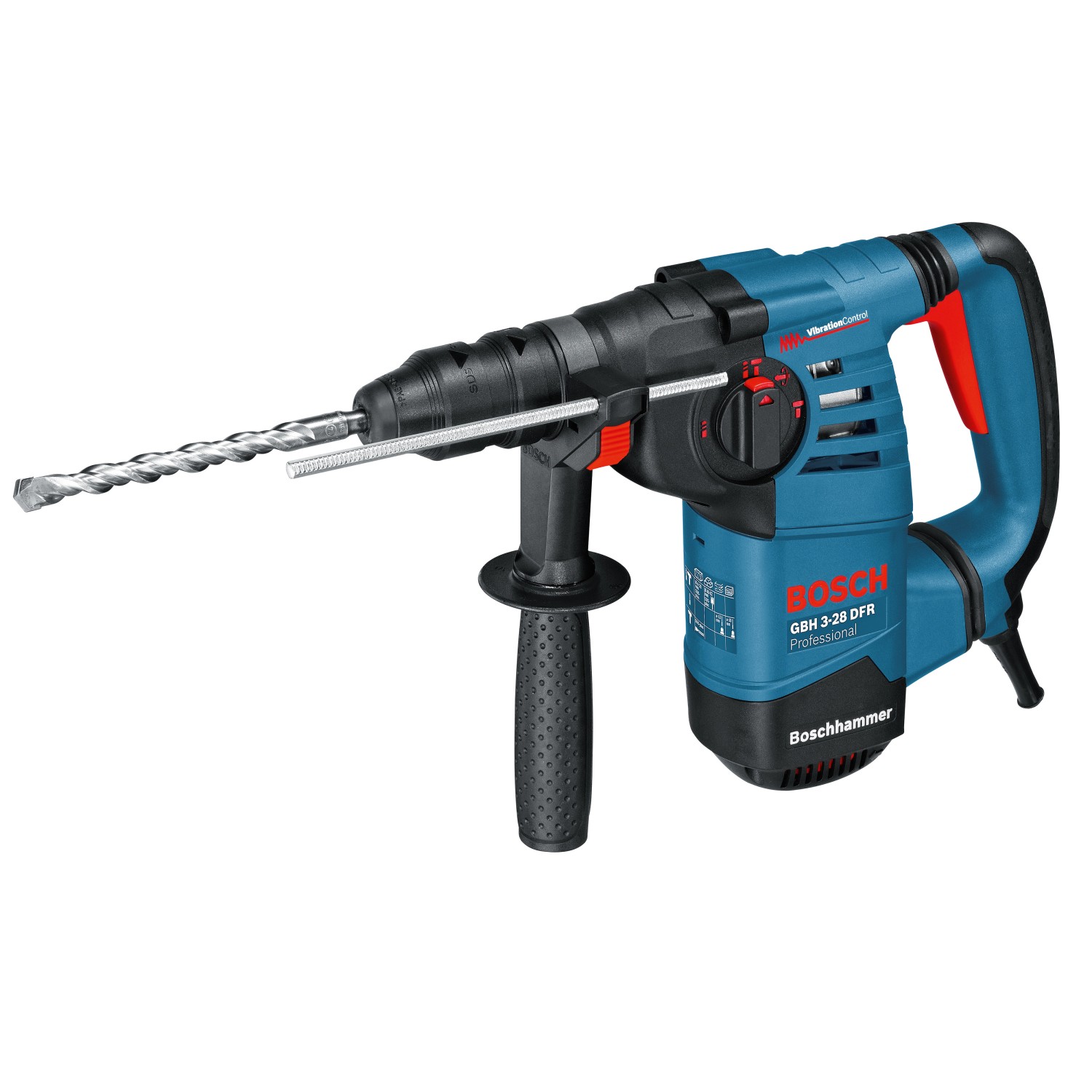 Blauer Bosch Professional Bohrhammer GBH 3-28 DFR mit Bohraufsatz und Zusatzhandgriff.