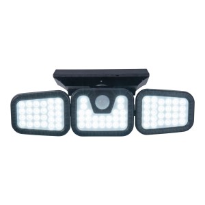 Schwarze LED Solar-Wandleuchte Pacita für den Außenbereich mit drei Leuchtelementen.