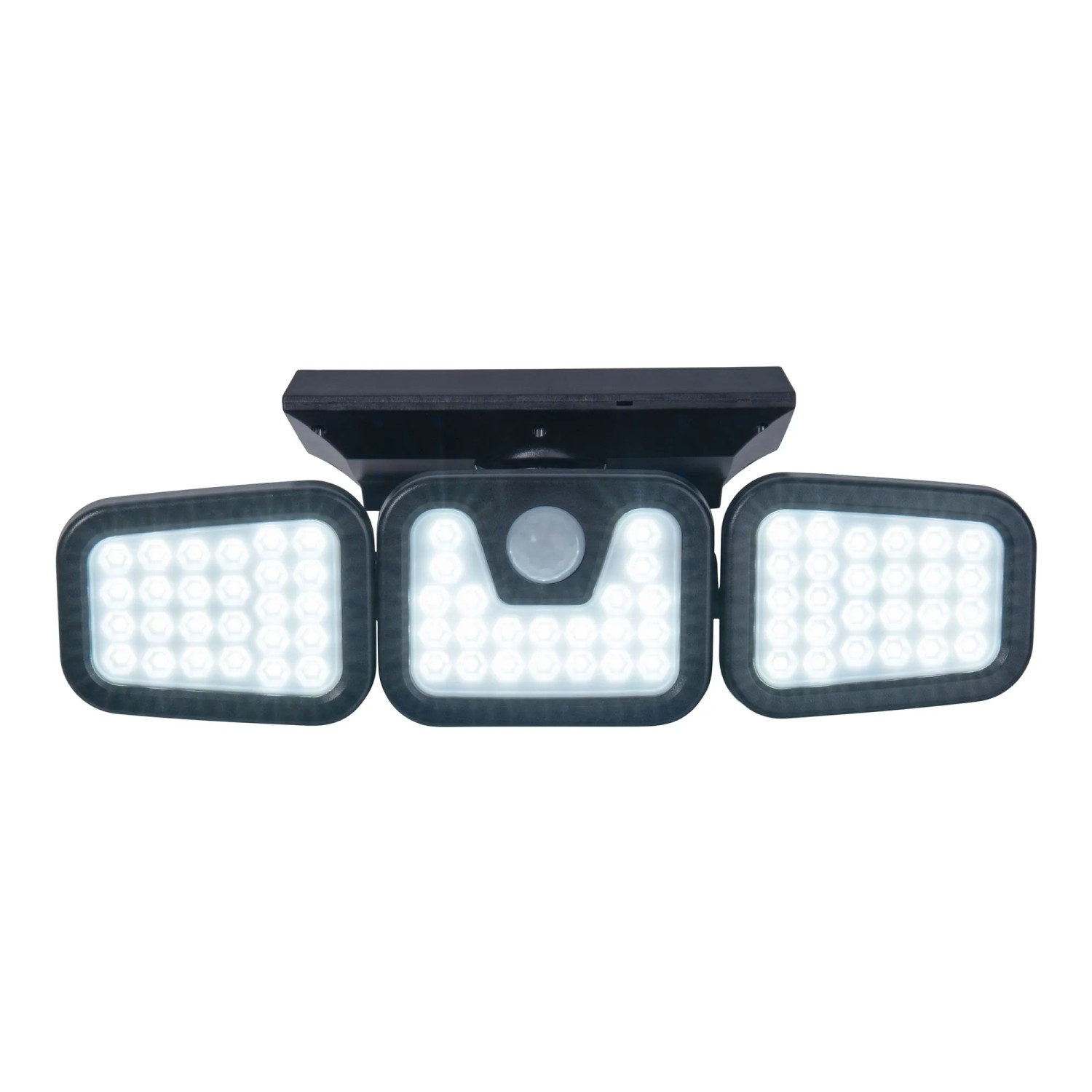 Schwarze LED Solar-Wandleuchte Pacita für den Außenbereich mit drei Leuchtelementen.